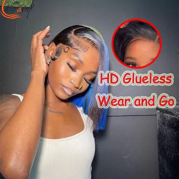 HD Glueless Wear Go Парики из человеческих волос Ombre Highlight 613 Синего цвета Прямой Боб Прозрачный Кружевной парик 5x5 с застежкой 4x4 Кружевной Парик