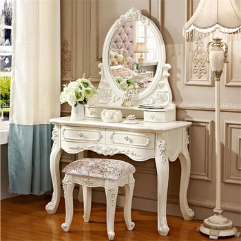Европейские комоды, туалетный столик с зеркалом, Белый стол для макияжа с выдвижными ящиками и табуретом - Маленький Деревянный туалетный столик для спальни