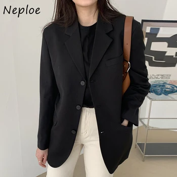 Neploe Корейский шик, минималистичный винтажный костюм, воротник, однобортные куртки, женские простые свободные однотонные блейзеры с длинными рукавами