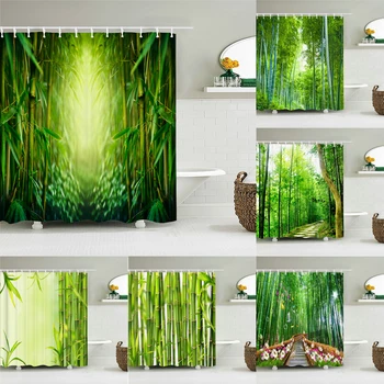 Высококачественная занавеска для душа с зеленым бамбуковым принтом из водонепроницаемой ткани Пейзажные занавески для ванной комнаты с крючками