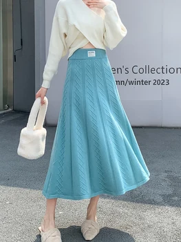 Женская вязаная юбка Миди TIGENA 2023, осень-зима, Корейская элегантная однотонная юбка трапециевидной формы с высокой талией, юбка средней длины, женская