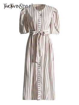 TWOTWINSTYLE Элегантные женские платья в полоску с цветными блоками, V-образный вырез, короткий рукав, высокая талия, платье в стиле пэчворк на шнуровке, женская мода