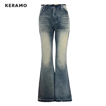 Расклешенные джинсовые брюки в стиле американского ретро с широкими штанинами и высокой талией в уличном стиле 2023 Осень Зима Женские винтажные синие джинсовые брюки