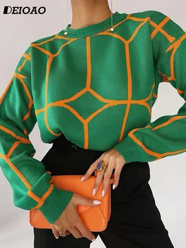 Deioao Осенний вязаный женский свитер с круглым вырезом и рисунком в полоску, Модный Свободный длинный рукав на 2023 год