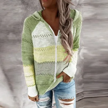 Осенний женский лоскутный свитер с капюшоном, вязаный свитер с V-образным вырезом, повседневный полосатый пуловер, джемперы, 2021 Новые женские толстовки