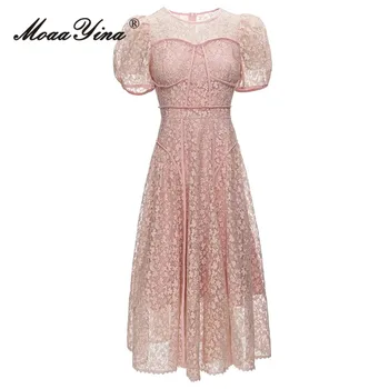 MoaaYina Летнее Модное Дизайнерское Розовое Винтажное вечернее платье, Женское кружевное платье с круглым вырезом и коротким рукавом, с высокой талией, Перспективное сетчатое платье Миди