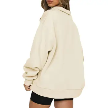 Толстовка-пуловер на молнии наполовину, уютная зимняя уличная одежда, толстовки с отворотами большого размера для женщин, блузки-пуловеры свободного кроя