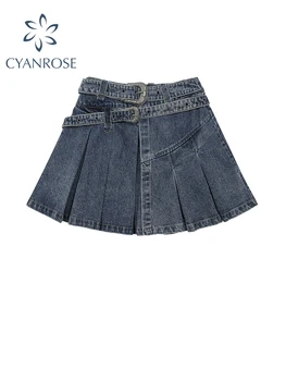 Женская синяя джинсовая мини-юбка, модная Корейская плиссированная юбка трапециевидной формы, винтажная джинсовая юбка Harajuku Y2k Girl Kawaii, уличная летняя одежда