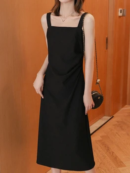 Черное платье на подтяжках 2023 летние чехлы длинная юбка повседневный наряд офисное платье Простой дизайн