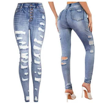 Женские джинсы, выдолбленные узкие брюки, уличная мода, украшение пряжкой, джинсовые брюки-карандаш с дырками