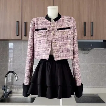 Высококачественный французский винтажный комплект из двух предметов с небольшим ароматом, женский короткий жакет, пальто + юбка, Корейский сладкий модный комплект из 2 предметов