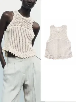 Модный женский вязаный топ из жаккардовой сетки TRAF 2023, повседневный однотонный пуловер без рукавов с круглым вырезом, простые винтажные повседневные сладкие топы