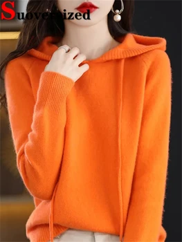 Свободные теплые трикотажные топы с капюшоном, пуловер из мягкого трикотажа с длинным рукавом, Женский осенне-зимний повседневный свитер, Корейский модный джемпер