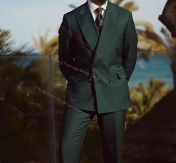 Темно-зеленый двубортный полный мужской костюм, свадебные платья Жениха, сшитые на заказ элитными брендами, Мужская куртка, брюки, Приталенный наряд