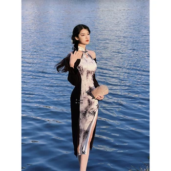 Платье женское из полиэстера в новом китайском стиле, Улучшенная бамбуковая тень С принтом, длинный рукав, пряжка с разрезом, открытые плечи, весна-осень