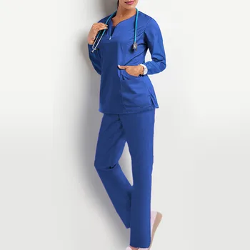 Женские Скраб-костюмы для медсестер с коротким рукавом, Однотонная униформа с V-образным вырезом и карманами, комплекты для работников по уходу за клиникой, Салон красоты, Рабочая одежда