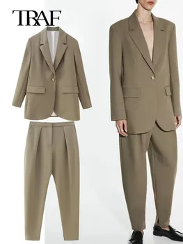 TRAF 2023, женский костюм, комплекты брюк для женщин, офисный блейзер, пальто, женские брюки с поясом, весна-осень, 2 шт., Новинка