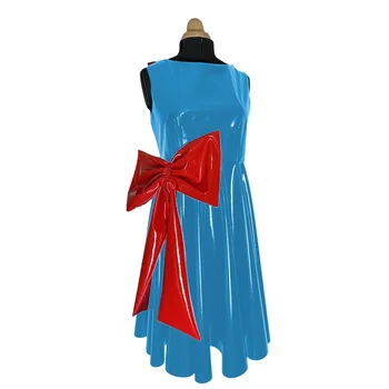 Сексуальное женское мини-платье без рукавов из глянцевого ПВХ с красным большим бантом, плиссированное платье с открытой спиной, модные вечерние платья для вечеринок и клубов