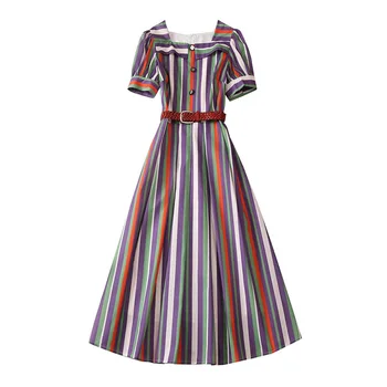 Женское платье в цветную полоску, с квадратным воротником, коротким рукавом, платья трапециевидной формы с поясом 06022, новая мода