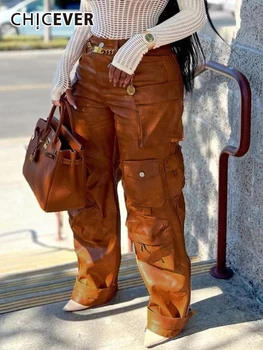 Женские однотонные брюки-карго CHICEVER с высокой талией и карманами в стиле пэчворк, повседневные шикарные брюки из искусственной кожи, женская осенняя одежда 2023