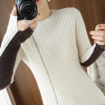Осенне-зимняя женская новая одежда из 100% шерсти, вязаный круглый вырез, однотонный пуловер в полоску, Теплая блузка