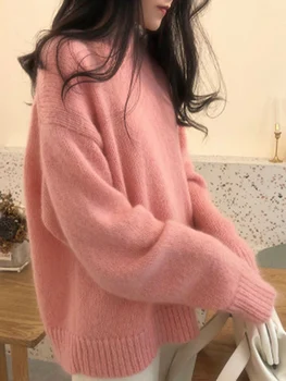 Элегантные вязаные свитера для женщин, Уличная одежда с длинным рукавом, Корейские модные Пуловеры, милые Однотонные топы 2023 года, Новые Осенне-зимние топы