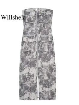Willshela Женское модное платье Миди с карманами и принтом спереди, с разрезом на молнии, винтажное женское платье без бретелек, шикарные женские платья