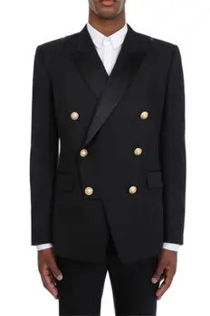 Двубортный черный мужской костюм, пиджак с козырьком брюк, атласный лацкан, Приталенная одежда для гостей на свадьбу, вечерний костюм для выпускного вечера, сшитый на заказ