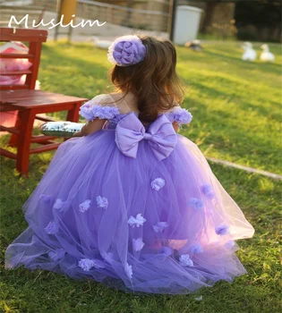 Сказочное Сиреневое платье принцессы с цветочным узором для девочек 2023, тюль для малышей, цветы ручной работы, детское праздничное платье для фотосессии на День рождения