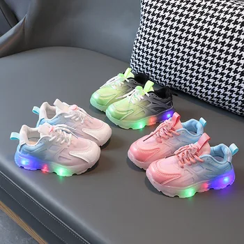 Летняя новая спортивная обувь для девочек 2023 года со светодиодной подсветкой, подсвечивающей детскую обувь с градиентной сеткой для мальчиков от 1 до 6 лет