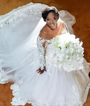 Свадебное платье большого размера, прозрачный вырез, кружевные аппликации, Длинные рукава, свадебное платье, свадебные платья трапециевидной формы с длинным шлейфом