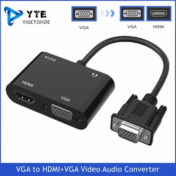 YIGETOHDE Адаптер VGA-HDMI + VGA Разветвитель С 3,5 Мм Видео Аудио Конвертером Поддержка Двойного Дисплея Для ПК, Проектора, Телевизора, Многопортового