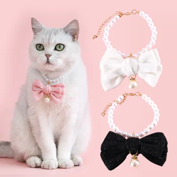 Новое домашнее животное Жемчужное ожерелье с бриллиантовым бантом, Бархатный галстук-бабочка в стиле принцессы, Подвеска на День рождения, Ошейник для кошки и собаки