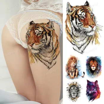поддельная татуировка аниме голова тигра король лев волк сексуальная татуировка для женщин мужские татуировки на ногах и бедрах большой боди-арт акварель водонепроницаемый большой