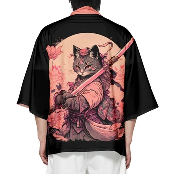 Модный халат из японского аниме, Кардиган с принтом Черного Кота, Женские Мужские рубашки для косплея в стиле Харадзюку, Кимоно Юката Хаори.