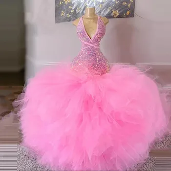 Милое розовое бальное платье для выпускного вечера для чернокожих девочек, вечернее платье с оборками и пайетками, сексуальное платье для вечеринки по случаю дня рождения с открытой спиной, халат De