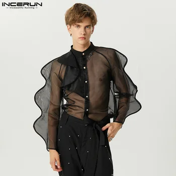 Стильные Сексуальные Мужские топы INCERUN, Тонкие Прозрачные Сетчатые рубашки, Модная вечеринка, Горячая распродажа, блузка с рукавами-пузырями, блузка с длинными рукавами S-5XL