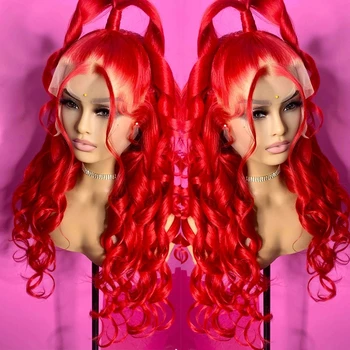 Длинные 26-дюймовые ярко-красные синтетические волосы с объемной волной, кружевные парики спереди для женщин, Прозрачный кружевной парик, Бесклеевое волокно