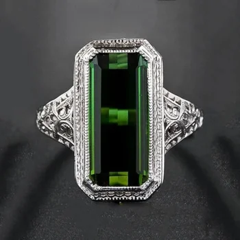 Винтажные кольца с резьбой по металлу серебристого цвета, модные длинные квадратные кольца с зеленой инкрустацией цирконием, свадебные кольца для помолвки для женщин