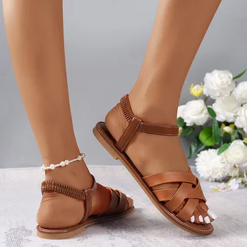 Летние Новые сандалии; Модная римская обувь на плоской подошве; Пляжная женская обувь; Сандалии с перекрещивающимися ремешками; Роскошные сандалии для женщин-дизайнеров;