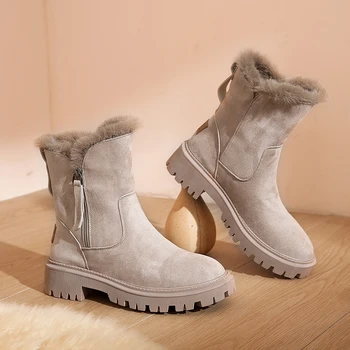 Зимние ботинки Женские 2023, зимние Теплые Модные дизайнерские ботинки на платформе, нескользящие Короткие плюшевые туфли на плоской подошве, Замшевые ботинки Mujer, ботильоны