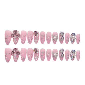 Серебристый декор с блестками, глянцевые розовые накладные ногти, легко наносятся, легко снимаются гвозди для украшения ногтей своими руками