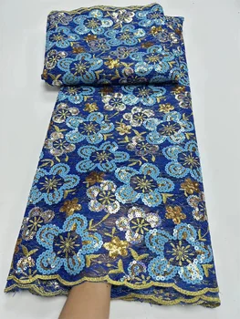 Кружевная ткань 5 ярдов, Нигерия, распродажа, Нигерия, Высококачественные кружевные ткани, синяя кружевная ткань Sequence для женских платьев Wp27-1