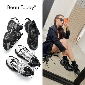 Массивные кроссовки, Женская сетчатая кожаная лоскутная обувь на платформе с двойной шнуровкой, Повседневная женская обувь ручной работы 29393