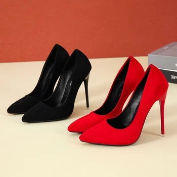 Большие размеры 35-45; Женская обувь; лаконичные женские туфли-лодочки на высоком каблуке из флока с острым носком; Классические красно-серые женские свадебные туфли для офиса;