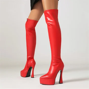 Осенние женские сапоги выше колена в стиле панк-рок, осенняя женская обувь для вечеринок на платформе и высоком каблуке 2023 года, ботинки с острым носком