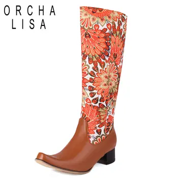 ORCHA LISA/ Модные женские длинные сапоги с квадратным носком на блочном каблуке 4,5 см, с вышивкой на молнии, смешанные, Большие размеры 47 48 49 50, для отдыха, попа