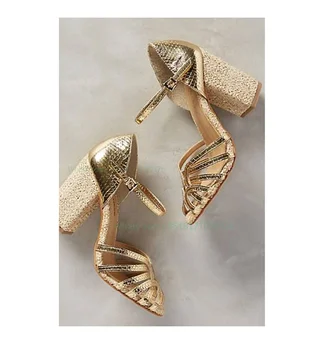 Золотистые босоножки на высоком массивном каблуке с пряжкой на щиколотке, женское платье с открытым носком, модные кожаные сандалии для новобрачных, женская обувь, летняя обувь для вечеринок