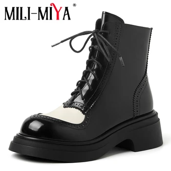 MILI-MIYA/ Модные разноцветные ботинки Martin, женские ботильоны из коровьей кожи, Удобные низкие толстые каблуки с круглым носком, Большие размеры 34-40