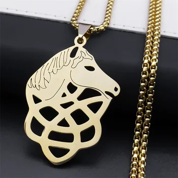 Ожерелье Ирландской лошади с Кельтским узлом для женщин и мужчин из нержавеющей стали Золотого цвета Triquetra Trinity Animal Good Luck Chain Jewelry N8069